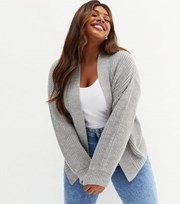 New Look Curves Pale Grey Knit Long Puff Sleeve Cardigan